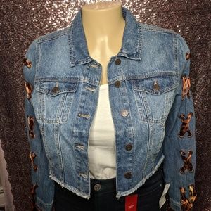 New Guess Leopard Cropped Denim Jacket XL